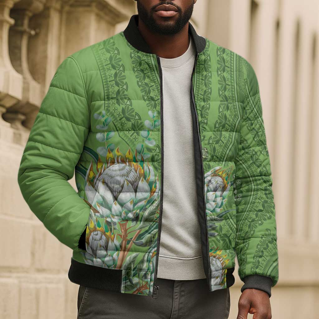Africa King Proteas Dashiki Motif Bomber Puffer Jacket Green Style