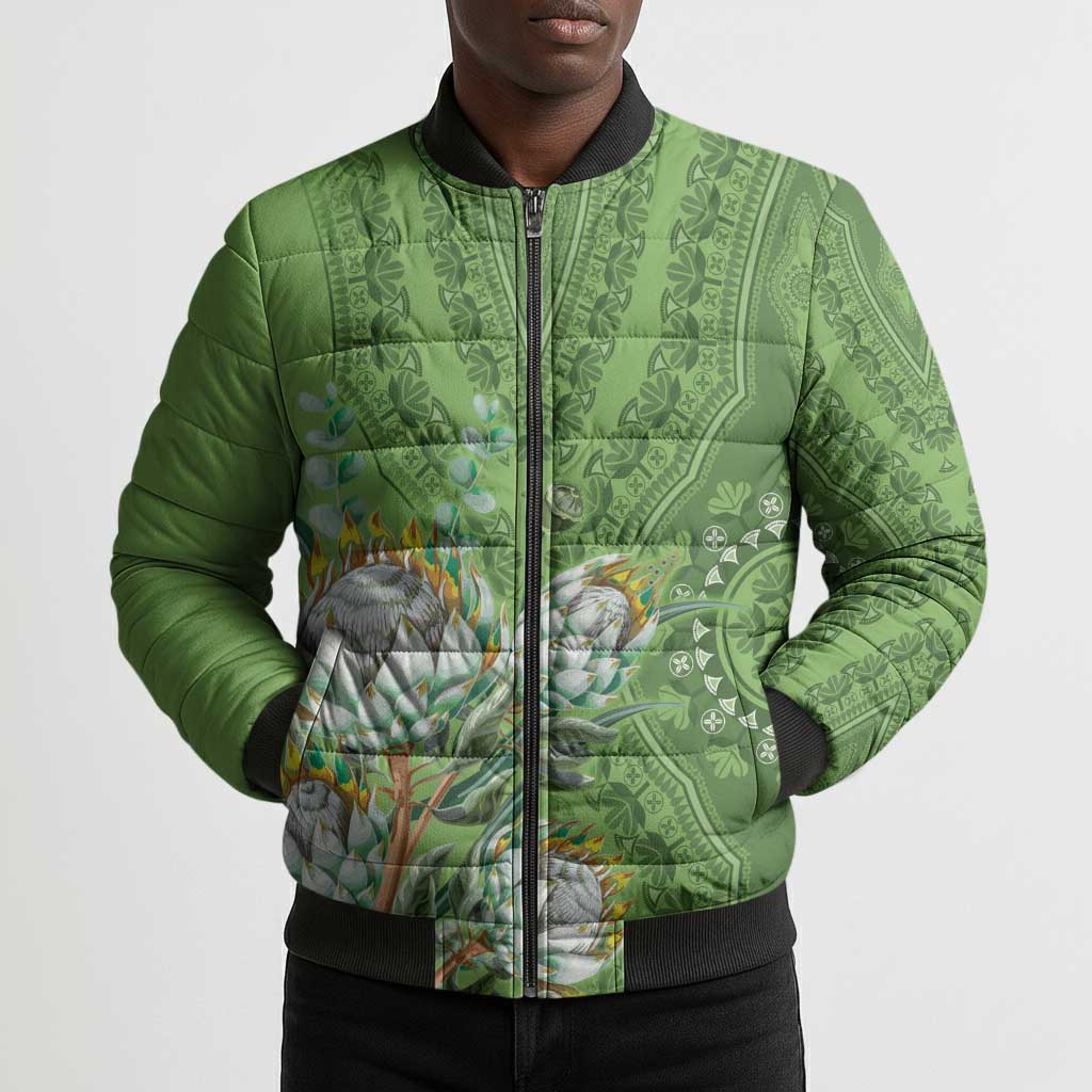 Africa King Proteas Dashiki Motif Bomber Puffer Jacket Green Style