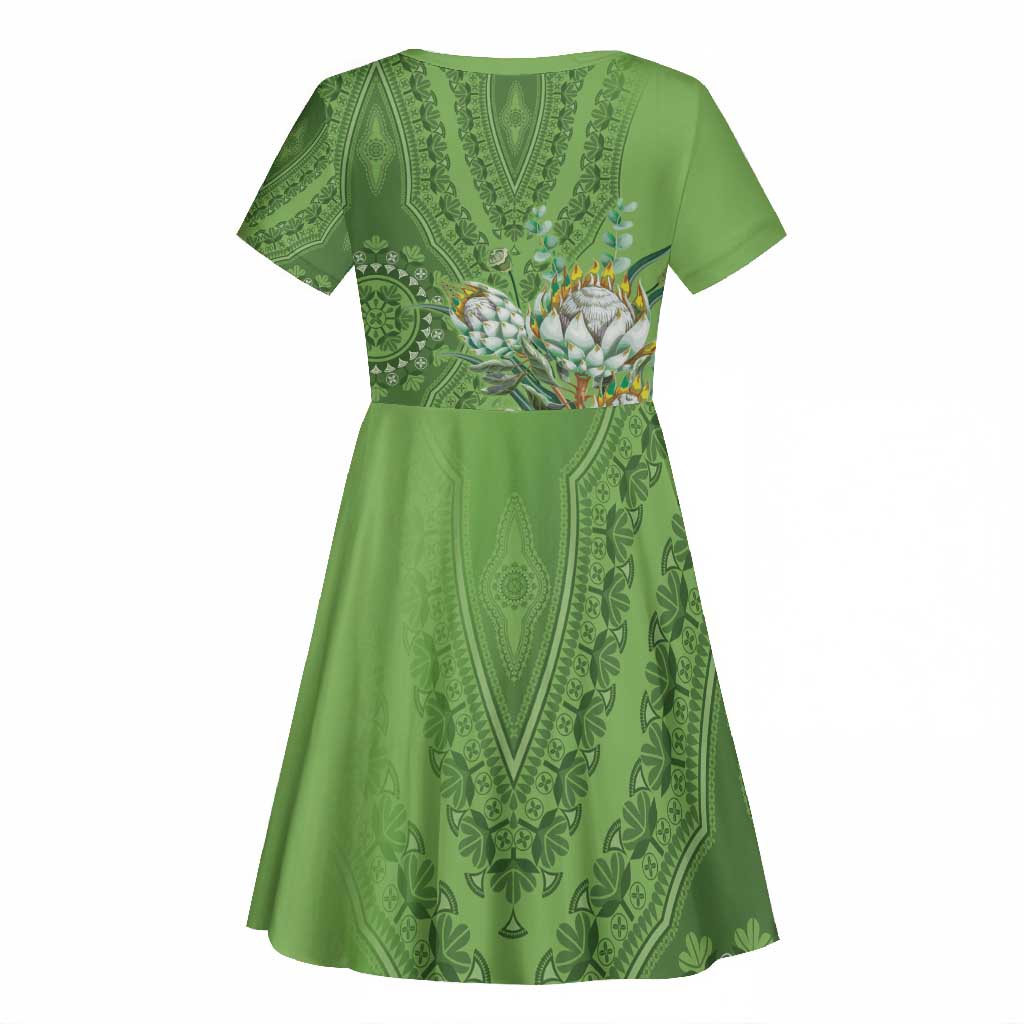 Afro King Proteas Dashiki Motif Kid Short Sleeve Dress Green Style