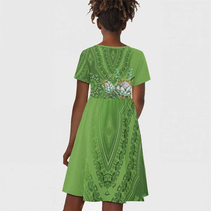 Afro King Proteas Dashiki Motif Kid Short Sleeve Dress Green Style