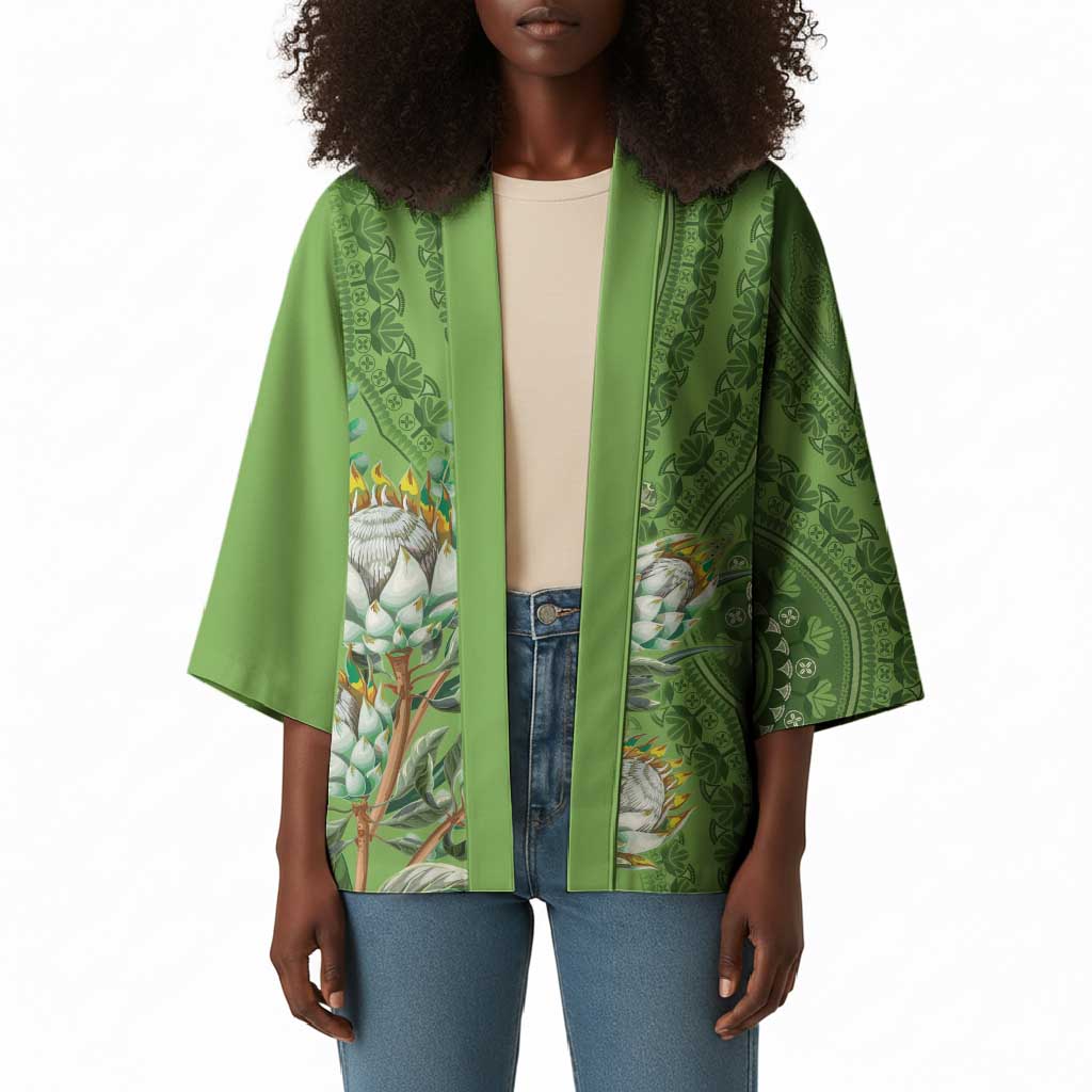 Africa King Proteas Dashiki Motif Kimono Green Style