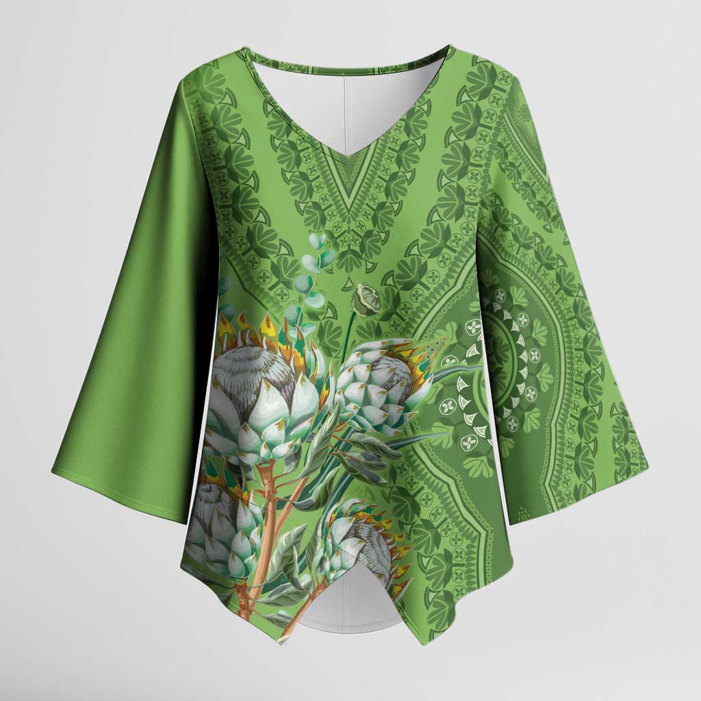 Africa King Proteas Dashiki Motif Kimono Sleeve Blouse Green Style
