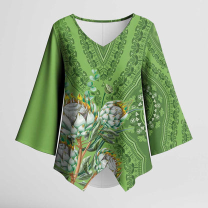 Africa King Proteas Dashiki Motif Kimono Sleeve Blouse Green Style