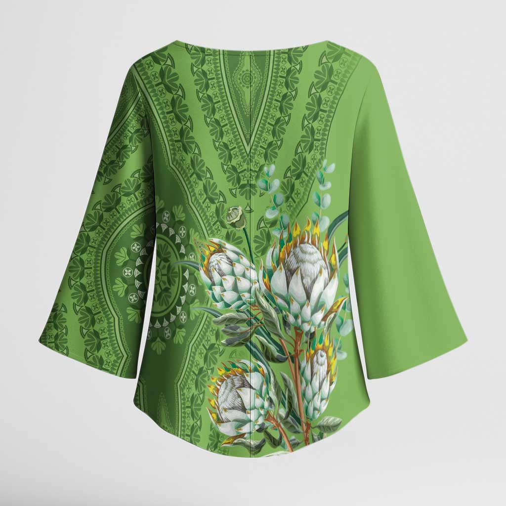 Africa King Proteas Dashiki Motif Kimono Sleeve Blouse Green Style