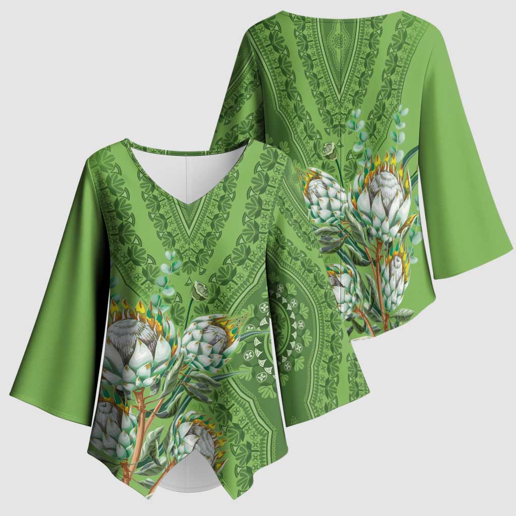 Africa King Proteas Dashiki Motif Kimono Sleeve Blouse Green Style