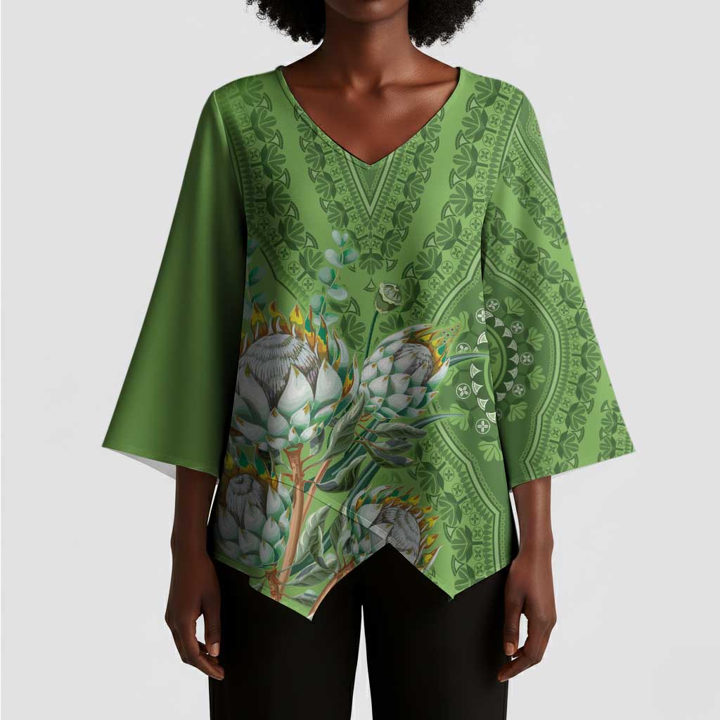 Africa King Proteas Dashiki Motif Kimono Sleeve Blouse Green Style