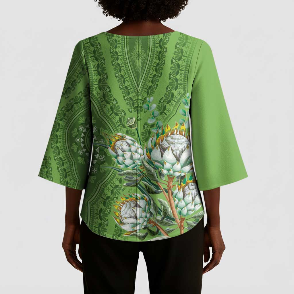 Africa King Proteas Dashiki Motif Kimono Sleeve Blouse Green Style