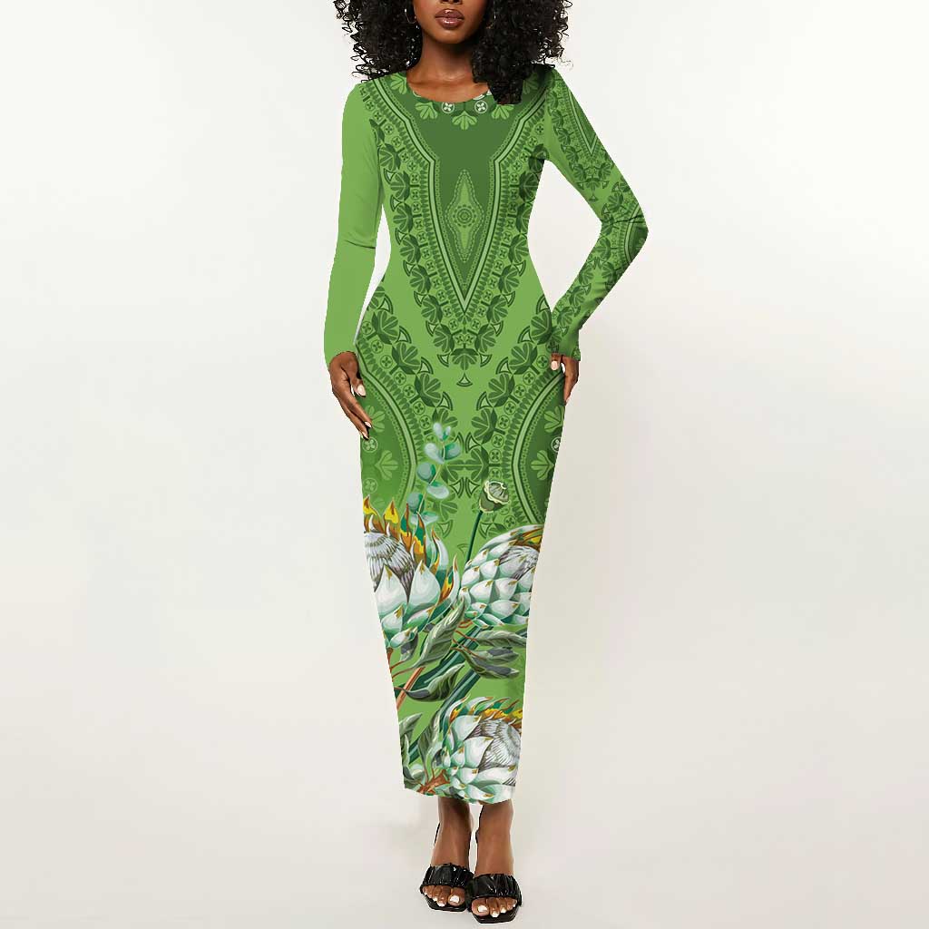 Afro King Proteas Dashiki Motif Long Sleeve Bodycon Dress Green Style