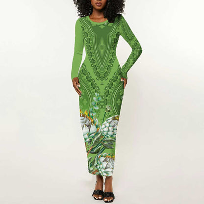 Afro King Proteas Dashiki Motif Long Sleeve Bodycon Dress Green Style LT9