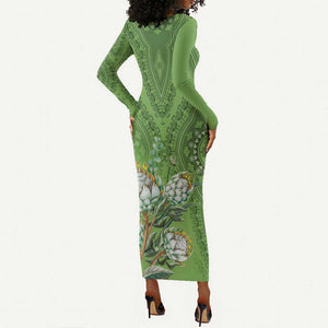 Afro King Proteas Dashiki Motif Long Sleeve Bodycon Dress Green Style