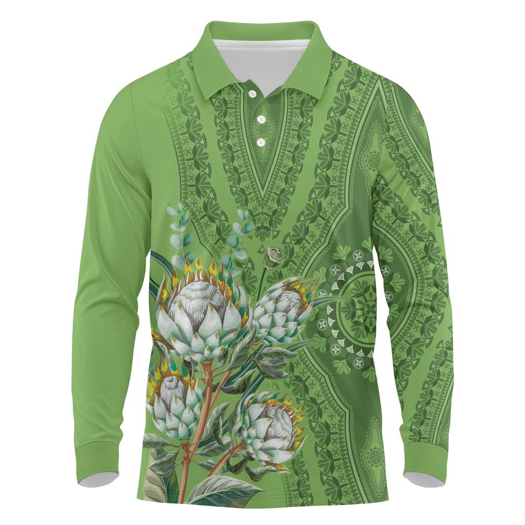 Afro King Proteas Dashiki Motif Long Sleeve Polo Shirt Green Style