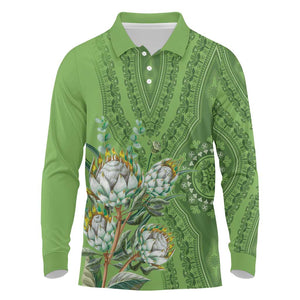 Afro King Proteas Dashiki Motif Long Sleeve Polo Shirt Green Style