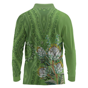 Afro King Proteas Dashiki Motif Long Sleeve Polo Shirt Green Style