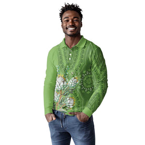 Afro King Proteas Dashiki Motif Long Sleeve Polo Shirt Green Style