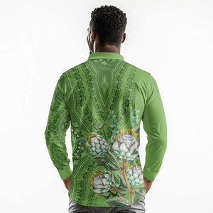 Afro King Proteas Dashiki Motif Long Sleeve Polo Shirt Green Style