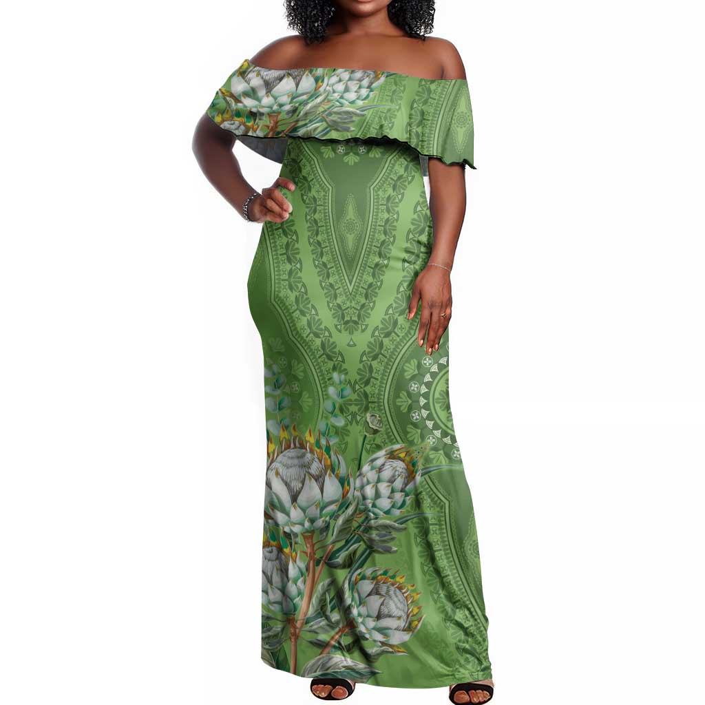 Afro King Proteas Dashiki Motif Off Shoulder Maxi Dress Green Style