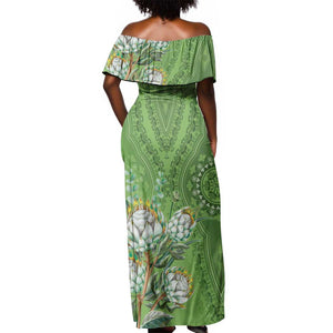 Afro King Proteas Dashiki Motif Off Shoulder Maxi Dress Green Style