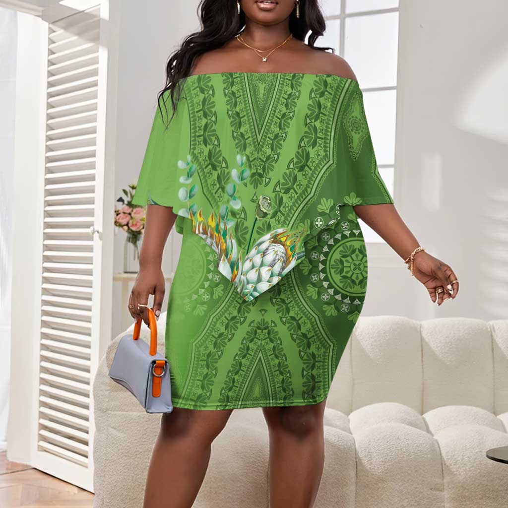 Afro King Proteas Dashiki Motif Off Shoulder Short Dress Green Style