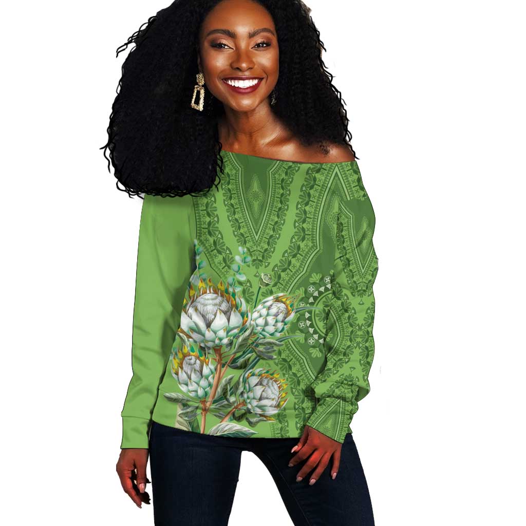 Afro King Proteas Dashiki Motif Off Shoulder Sweater Green Style