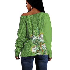 Afro King Proteas Dashiki Motif Off Shoulder Sweater Green Style