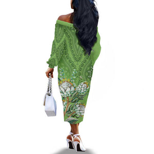 Afro King Proteas Dashiki Motif Off The Shoulder Long Sleeve Dress Green Style