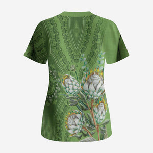 Africa King Proteas Dashiki Motif Scrub Top Green Style