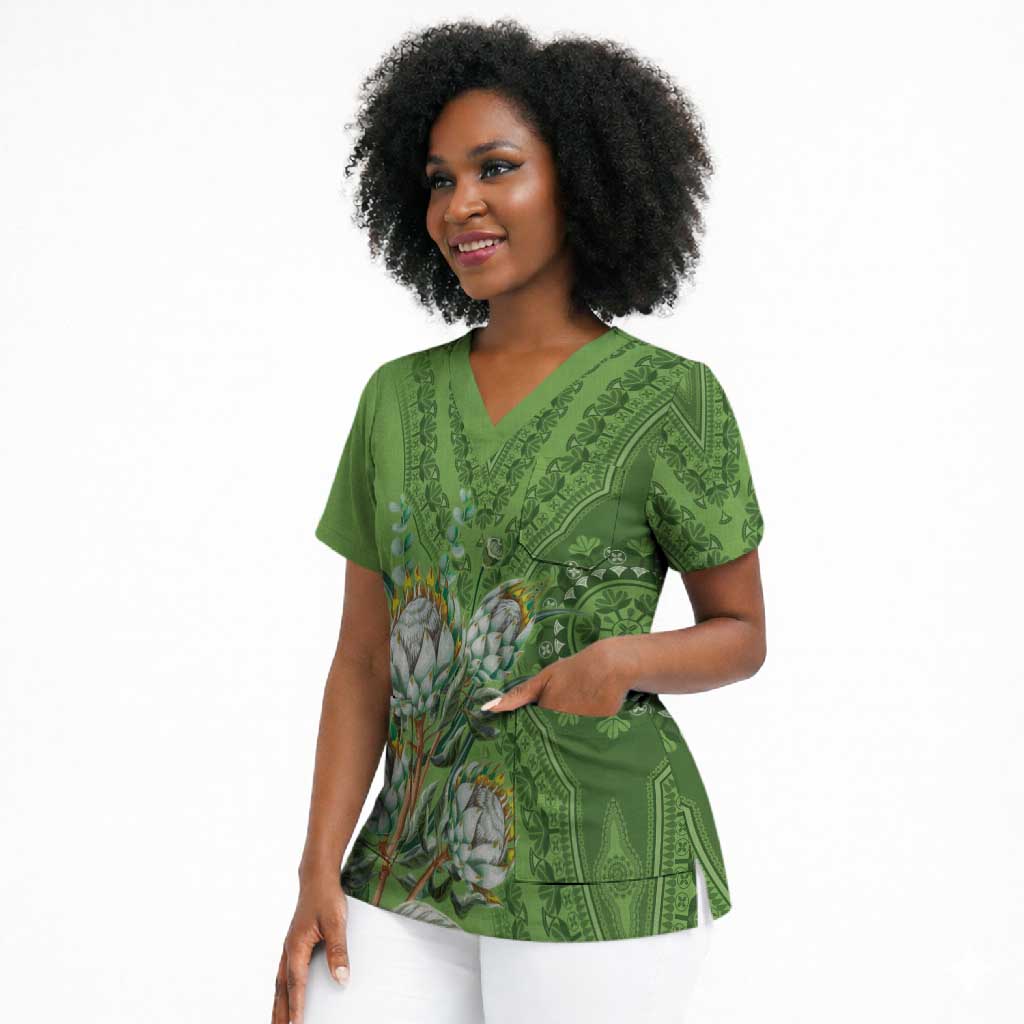 Africa King Proteas Dashiki Motif Scrub Top Green Style