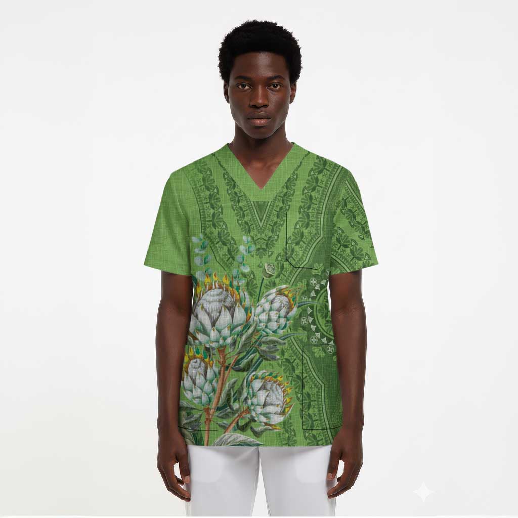 Africa King Proteas Dashiki Motif Scrub Top Green Style