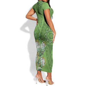 Afro King Proteas Dashiki Motif Short Sleeve Bodycon Dress Green Style