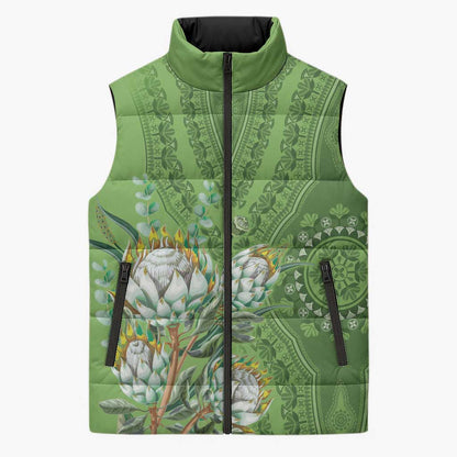 Africa King Proteas Dashiki Motif Sleeveless Puffer Jacket Green Style