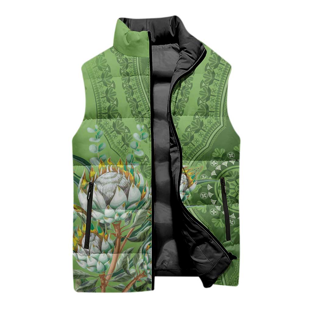 Africa King Proteas Dashiki Motif Sleeveless Puffer Jacket Green Style