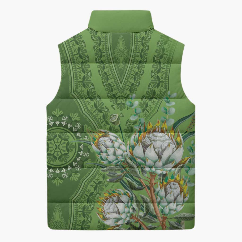 Africa King Proteas Dashiki Motif Sleeveless Puffer Jacket Green Style
