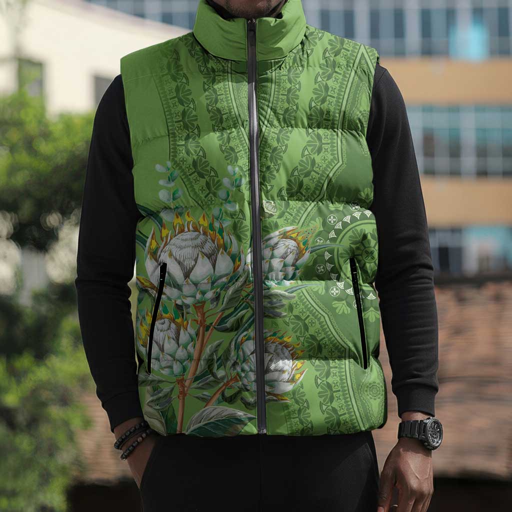Africa King Proteas Dashiki Motif Sleeveless Puffer Jacket Green Style