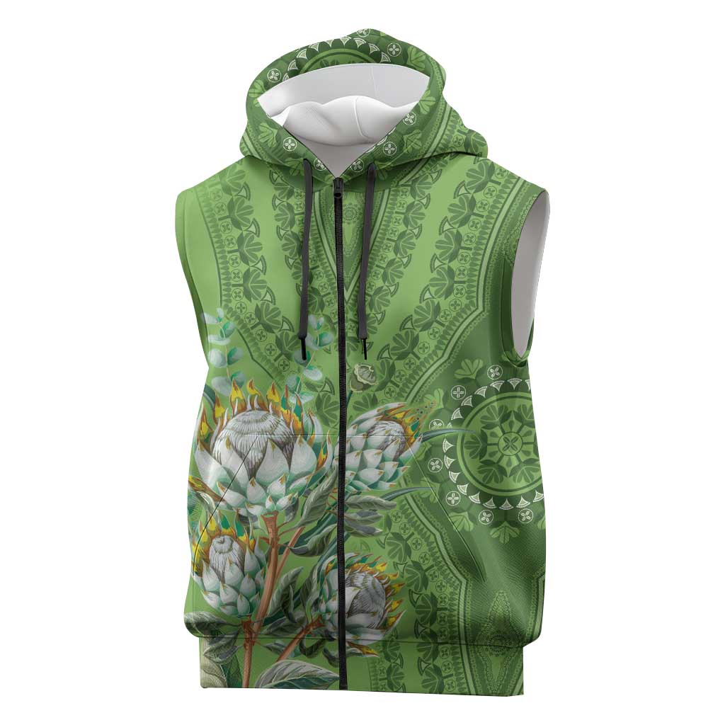 Afro King Proteas Dashiki Motif Sleeveless Zip Hoodie Green Style - African Pride