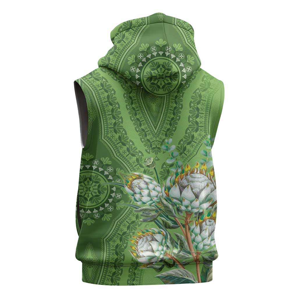 Afro King Proteas Dashiki Motif Sleeveless Zip Hoodie Green Style - African Pride