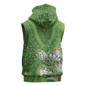 Afro King Proteas Dashiki Motif Sleeveless Zip Hoodie Green Style - African Pride