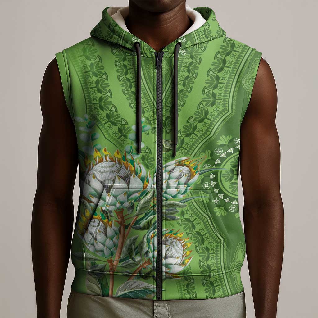 Afro King Proteas Dashiki Motif Sleeveless Zip Hoodie Green Style - African Pride