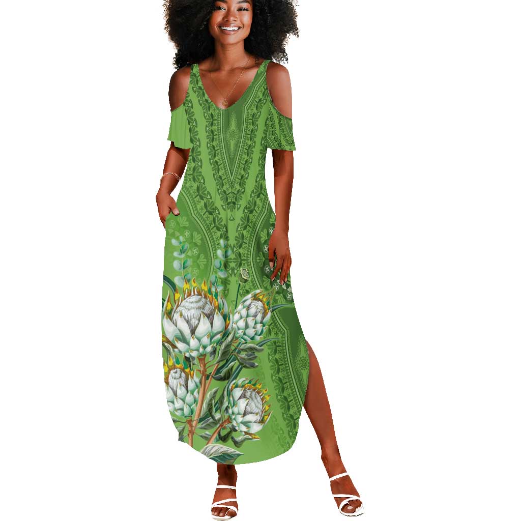 Afro King Proteas Dashiki Motif Summer Maxi Dress Green Style