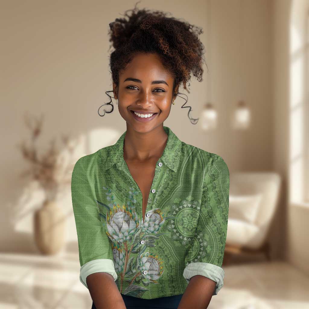 Afro King Proteas Dashiki Motif Women Casual Shirt Green Style