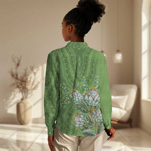 Afro King Proteas Dashiki Motif Women Casual Shirt Green Style