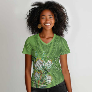 Afro King Proteas Dashiki Motif Women V-Neck T-Shirt Green Style