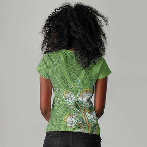 Afro King Proteas Dashiki Motif Women V-Neck T-Shirt Green Style