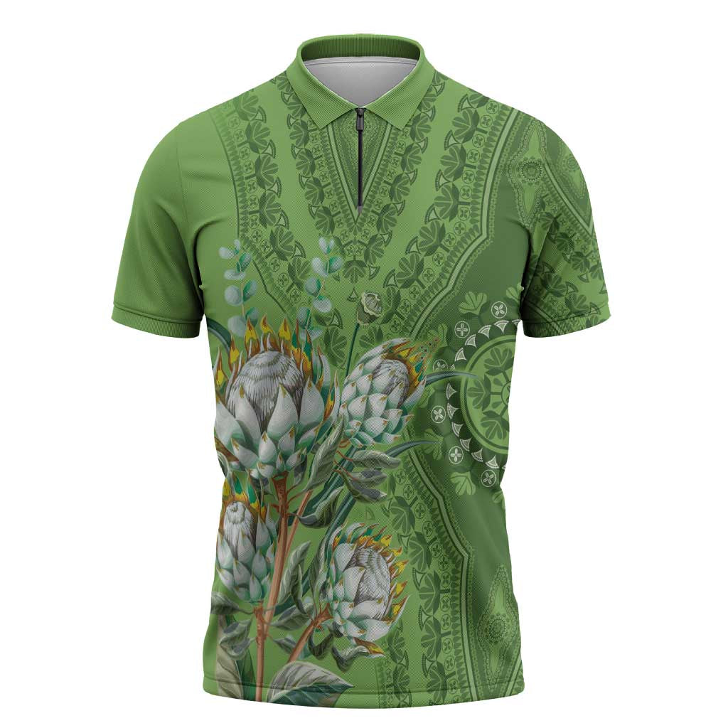 Africa King Proteas Dashiki Motif Zipper Polo Shirt Green Style