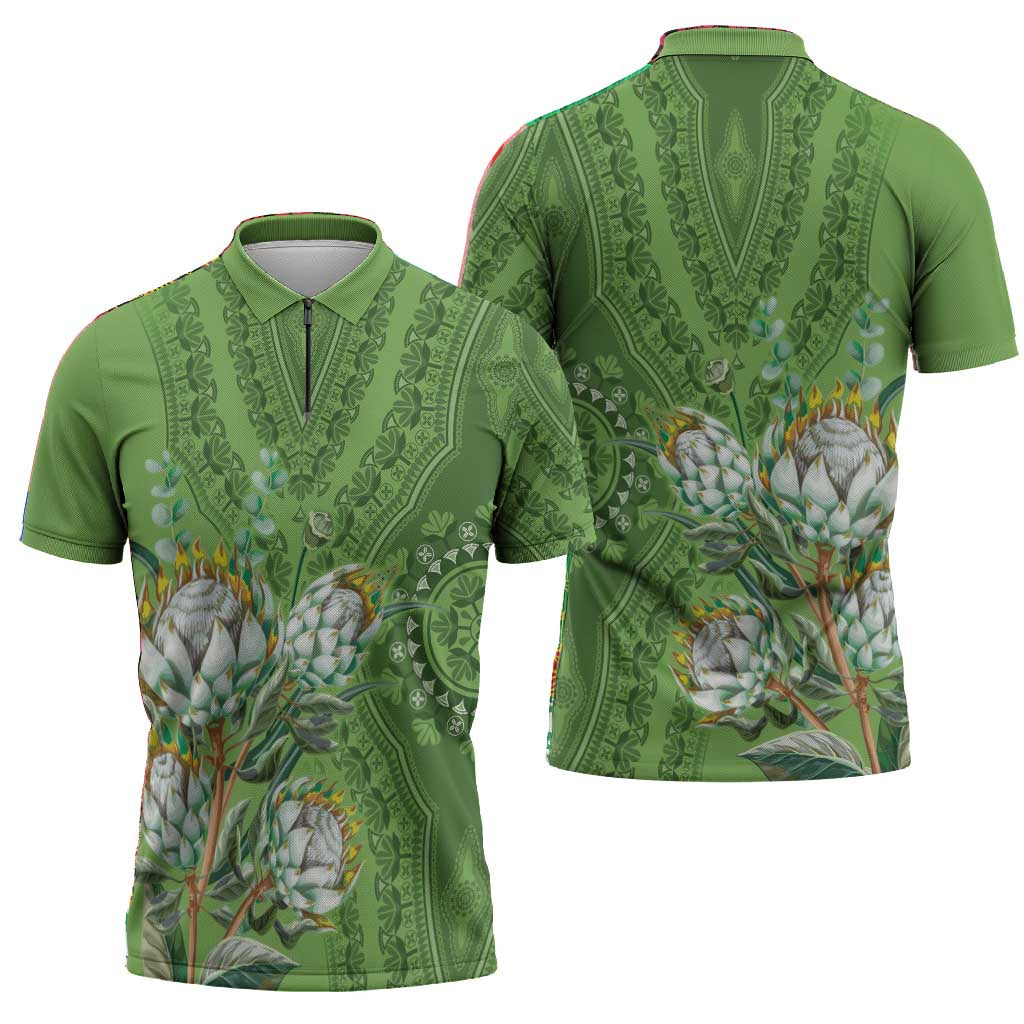 Africa King Proteas Dashiki Motif Zipper Polo Shirt Green Style