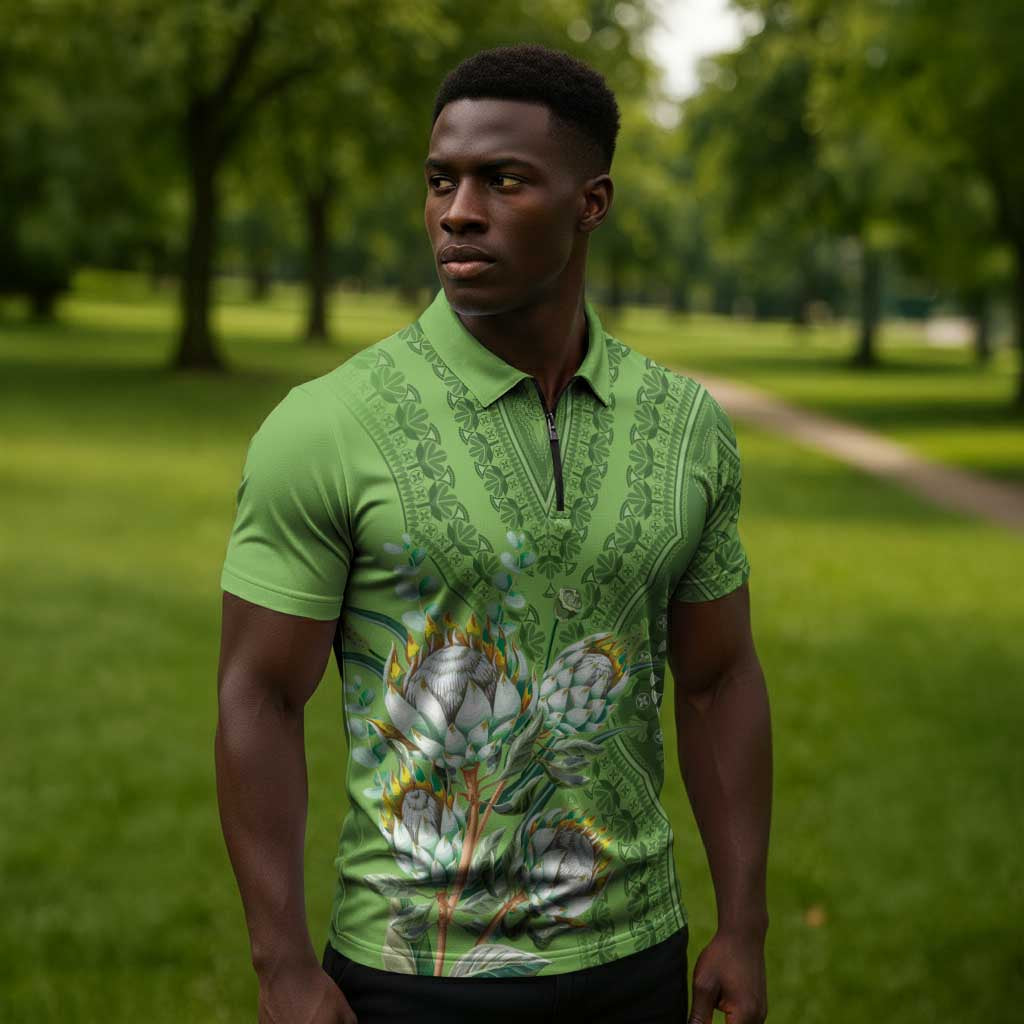 Africa King Proteas Dashiki Motif Zipper Polo Shirt Green Style