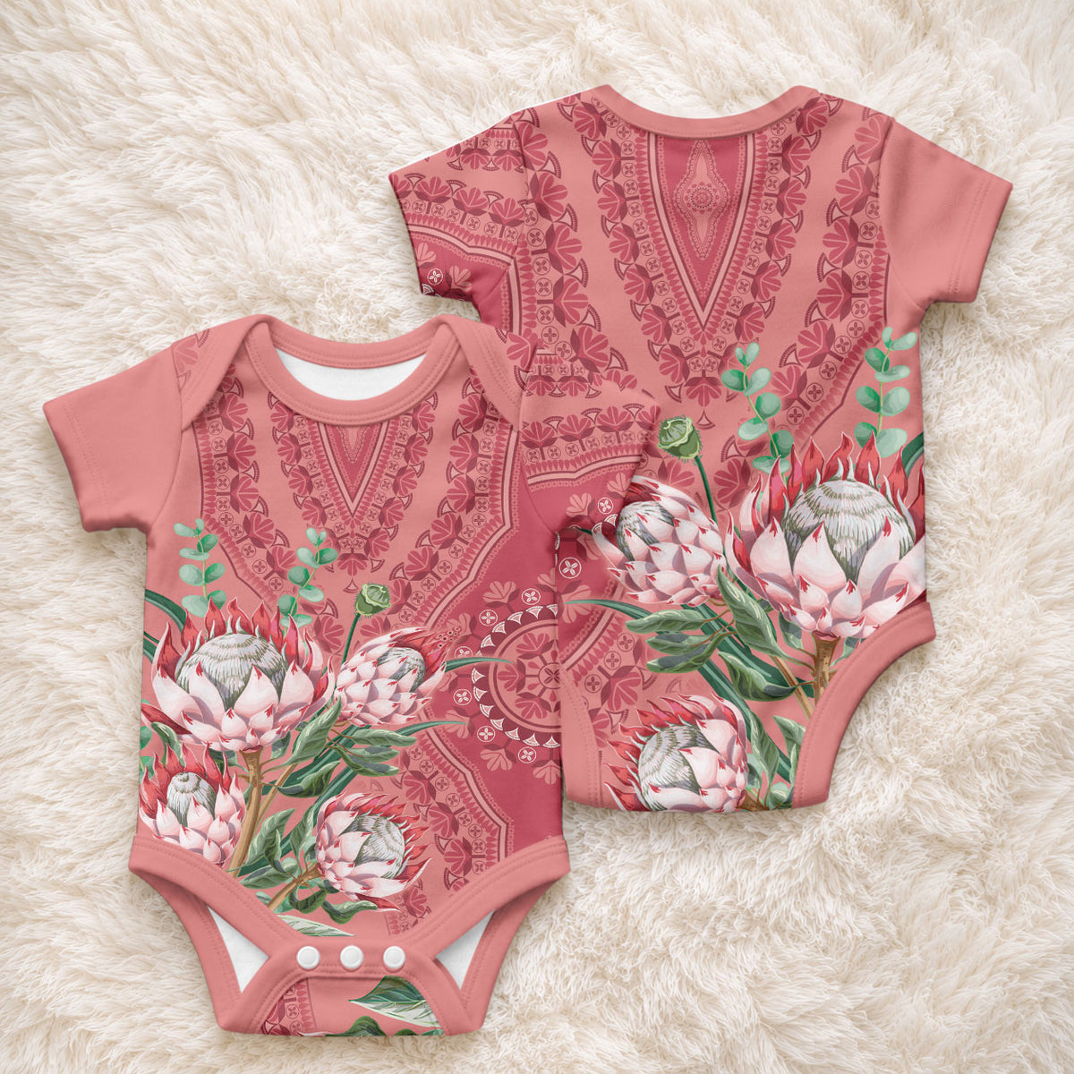 Africa King Proteas Dashiki Motif Baby Onesie Peach Style