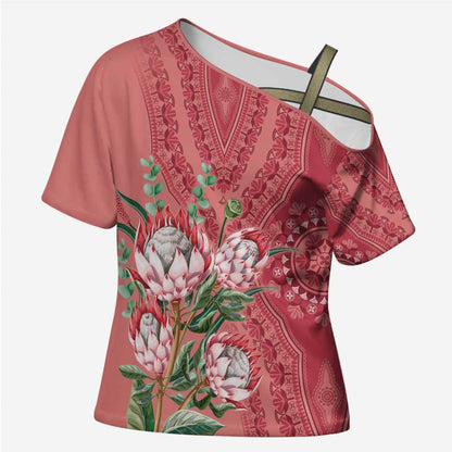 Africa King Proteas Dashiki Motif Cross Shoulder Shirt Peach Style