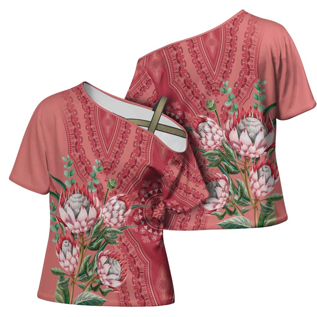 Africa King Proteas Dashiki Motif Cross Shoulder Shirt Peach Style