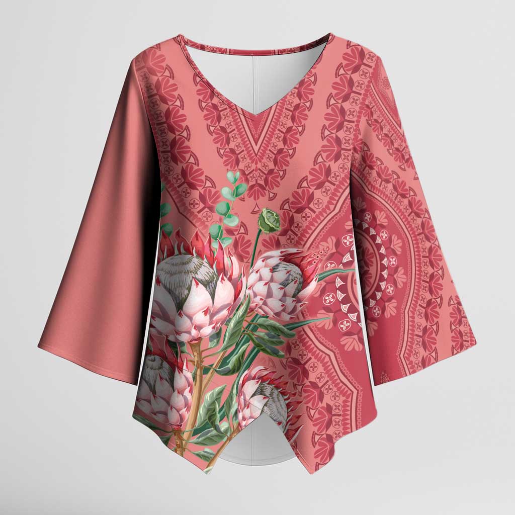 Africa King Proteas Dashiki Motif Kimono Sleeve Blouse Peach Style