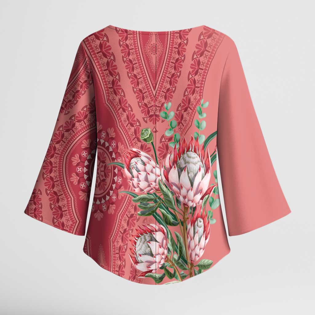 Africa King Proteas Dashiki Motif Kimono Sleeve Blouse Peach Style